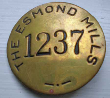 Esmond Mills Brass Employee Identification Badge, C. 1935-1940 Esmond Mills Brass Employee Identification Badge, C. 1935-1940
